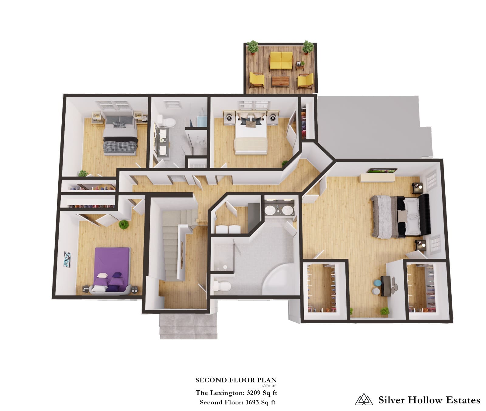 3D Floor Plan Render of a Single Family House Floor Level 2, Westborough, MA, USA